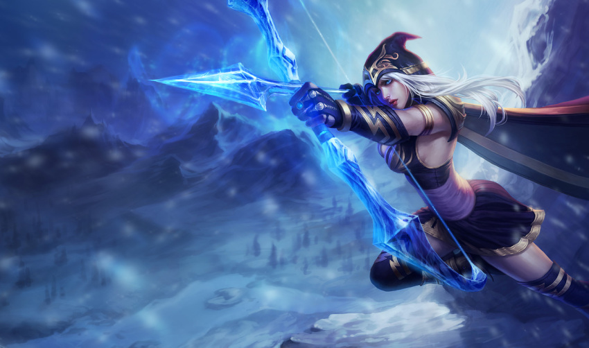 1girl arrow ashe_(league_of_legends) blue_eyes bow_(weapon) breasts cape dress gloves hood large_breasts league_of_legends long_hair mountain official_art short_dress sideboob snow solo thigh-highs wallpaper weapon white_hair winter