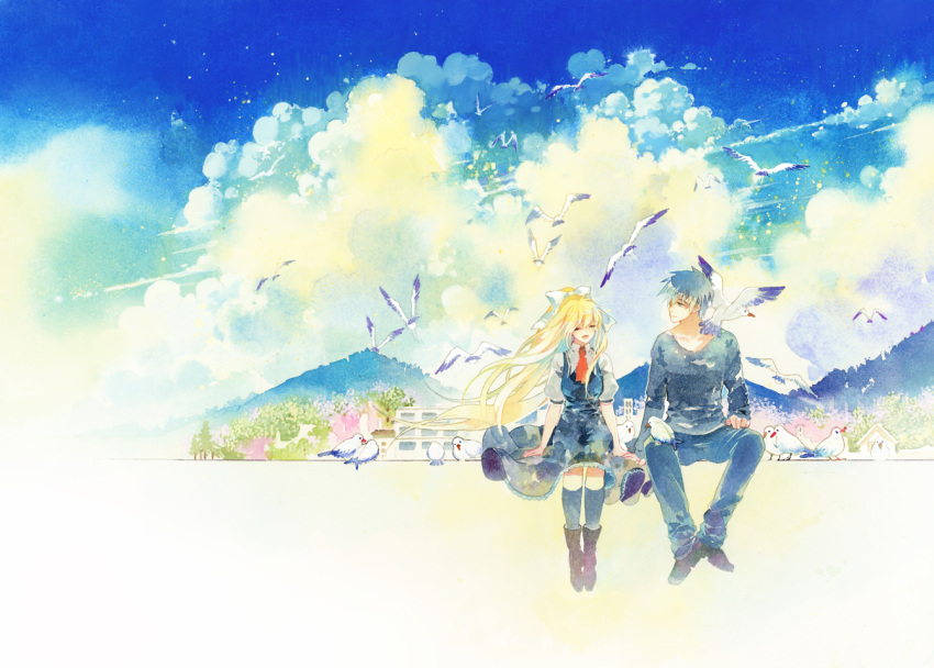 1boy 1girl air ascot bird blonde_hair bow building calligraphy_pen_(medium) closed_eyes clouds commentary dress hair_bow hill holding_hands kamio_misuzu kunisaki_yukito long_hair looking_at_another looking_to_the_side muted_color rei_(456789io) scenery school_uniform seagull short_hair sitting sky smile traditional_media watercolor_(medium) wind