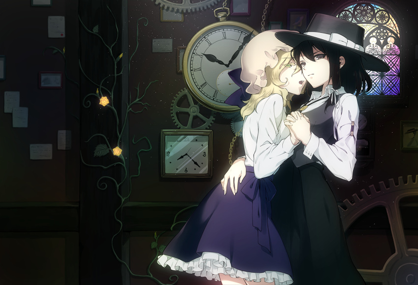 2girls adapted_costume alternate_eye_color arm_around_back black_hair black_skirt black_vest blonde_hair bolo_tie bow breasts brown_eyes clock collared_shirt colored_eyelashes dark earrings expressionless eyes_visible_through_hair fedora fingernails frilled_skirt frills futoumeido gears glowing_flower green_eyes hair_between_eyes hair_ribbon hand_on_another's_ass hat hat_bow holding_hands indoors interlocked_fingers jewelry light light_particles light_rays long_hair long_skirt looking_at_viewer maribel_hearn medium_breasts mob_cap multiple_girls one_eye_covered open_collar open_mouth oversized_object plant pocket_watch purple_skirt ribbon shirt skirt stained_glass stud_earrings touhou usami_renko vines watch white_shirt yellow_flower