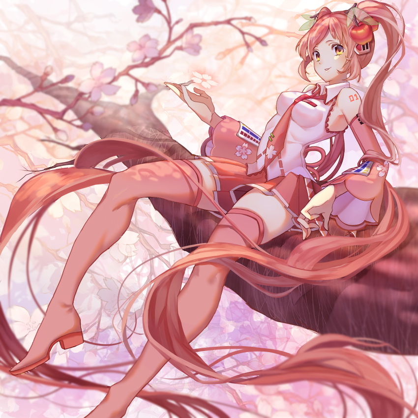 1girl absurdly_long_hair bad_id boots cherry cherry_blossoms detached_sleeves food fruit hatsune_miku headphones highres in_tree long_hair long_legs looking_at_viewer necktie pink_hair sakura_miku sitting sitting_in_tree skirt solo tattoo thigh-highs thigh_boots tree twintails very_long_hair vocaloid yellow_eyes
