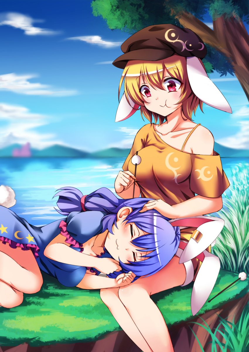 2girls absurdres animal_ears bangs blonde_hair blue_dress blue_hair blue_sky blurry_background bra bra_strap breasts brown_hat bunny_tail closed_eyes clouds collarbone dango day dress ear_clip ears_down eating food frilled_dress frills grass hair_between_eyes hair_tie hat highres koissa lap_pillow legs looking_at_another looking_down medium_breasts mimikaki misty_lake moon_print mountain multiple_girls orange_bra orange_shirt rabbit_ears red_eyes reflection ringo_(touhou) scarlet_devil_mansion seiran_(touhou) shirt shirt_slip short_dress short_hair shorts sitting sky split_ponytail star_print tail thighs touhou tree underwear wagashi water yellow_shorts |3