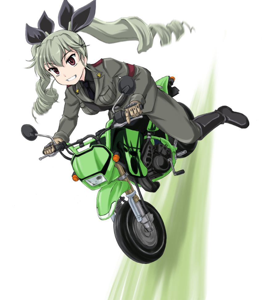 1girl anchovy belt black_boots black_shirt boots dress_shirt drill_hair full_body girls_und_panzer gloves grey_jacket grey_pants grin ground_vehicle hair_ribbon highres honda_crm80 knee_boots long_hair long_sleeves looking_at_viewer military military_uniform motor_vehicle motorcycle necktie pants ribbon riding shirt shoulder_belt simple_background smile solo twin_drills twintails uniform wanyan_aguda white_background