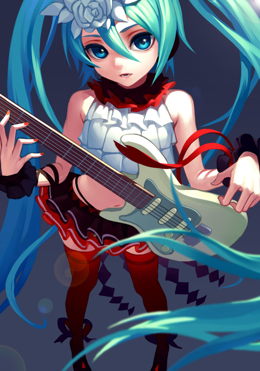 1girl aqua_hair arm_ribbon bangs belt black_panties black_ribbon black_skirt blue_eyes blue_hair blurry crop_top depth_of_field diamond_(shape) electric_guitar fkey flat_chest flower from_above guitar hair_between_eyes hair_flower hair_ornament hatsune_miku headphones highleg highleg_panties highres holding instrument layered_skirt legs_apart lens_flare long_hair looking_at_viewer midriff miniskirt nail_polish navel nisoku_hokou_(vocaloid) orange_nails panties parted_lips project_diva_(series) red_legwear red_nails red_ribbon ribbon shade shoes skirt sleeveless solo standing stomach thigh-highs twintails underwear very_long_hair vocaloid white_flower wrist_cuffs