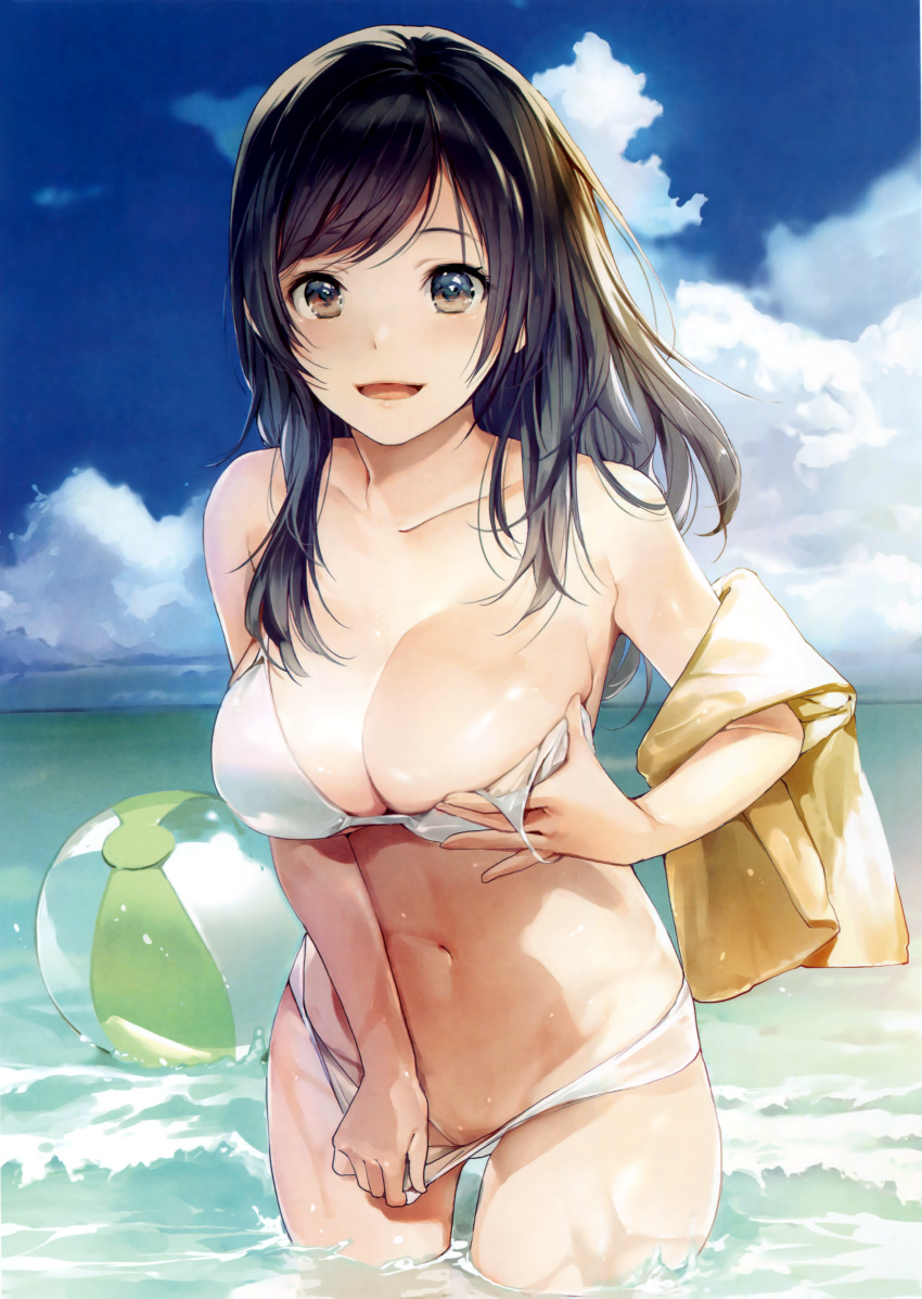 1girl :d absurdres ball bare_shoulders beach beachball bikini bikini_pull black_hair breasts brown_eyes cleavage cowboy_shot cropped highres large_breasts long_hair looking_at_viewer navel open_mouth outdoors scan smile solo souji_hougu swimsuit undressing wading white_bikini