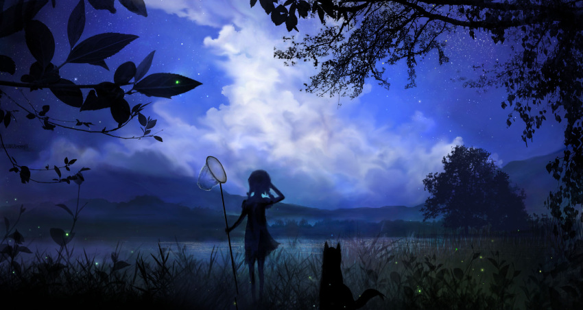 00 1girl blurry braid butterfly_net clouds dark dog dress firefly from_behind grass hand_net hand_on_own_head highres hill jpeg_artifacts lake looking_afar night night_sky original scenery silhouette sky solo star_(sky) tree twin_braids water