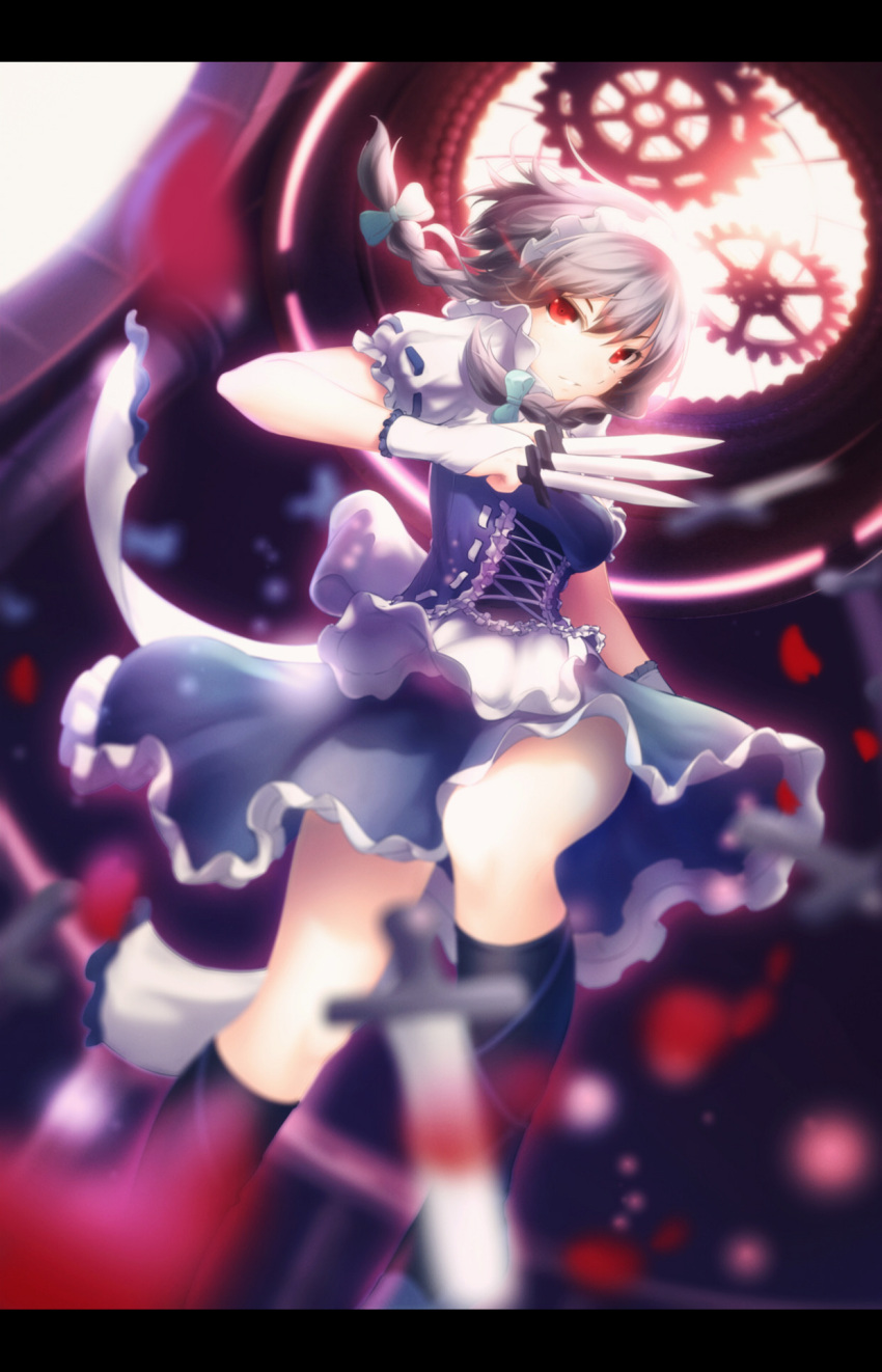 1girl apron blurry braid corset dagger dress dutch_angle gloves highres izayoi_sakuya kneehighs lancefate letterboxed looking_at_viewer maid_headdress parted_lips puffy_sleeves red_eyes ribbon short_hair short_sleeves silver_hair solo touhou twin_braids waist_apron weapon white_gloves