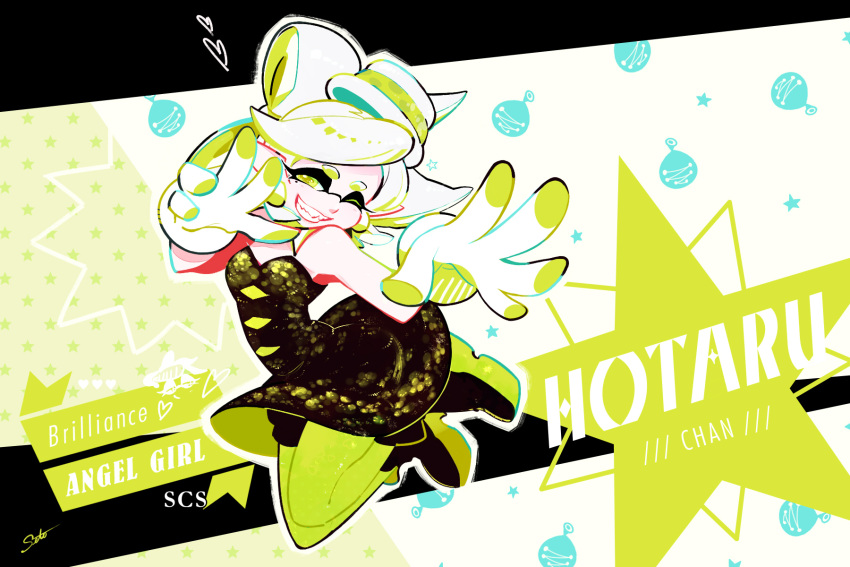 +_+ 1girl ankle_boots artist_name black_boots boots burst_bomb_(splatoon) character_name commentary commentary_request detached_collar domino_mask dress earrings english fangs female food food_on_head full_body gloves green_legwear heart highres hotaru_(splatoon) jewelry jumping looking_at_viewer mask mole mole_under_eye object_on_head one_eye_closed pantyhose pointy_ears seto_(asils) short_dress short_hair shorts_under_dress signature solo splatoon standing star strapless strapless_dress tentacle_hair white_gloves