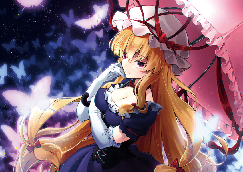 1girl backlighting bangs blonde_hair bow breasts butterfly choker cleavage corset dress elbow_gloves frilled_dress frilled_gloves frills from_side futoumeido gloves glowing_butterfly gradient_eyes hair_between_eyes hair_bow half-closed_eyes hand_on_own_face hat hat_ribbon holding holding_umbrella light_particles long_hair looking_at_viewer medium_breasts mob_cap multicolored_eyes pink_eyes pink_umbrella purple_dress ribbon ribbon_choker ribbon_trim shiny shiny_hair sidelocks smile solo touhou umbrella upper_body very_long_hair violet_eyes white_gloves yakumo_yukari