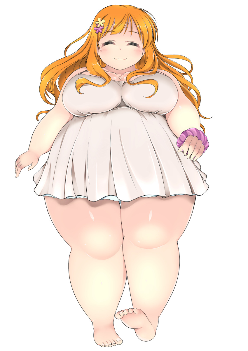 1girl :3 ^_^ absurdres barefoot blush breasts brown_hair chemise closed_eyes collarbone facing_viewer fat feet flower hair_flower hair_ornament highres huge_breasts kurokaze_no_sora long_hair nightgown obese orange_hair original soles solo thick_thighs thighs toes