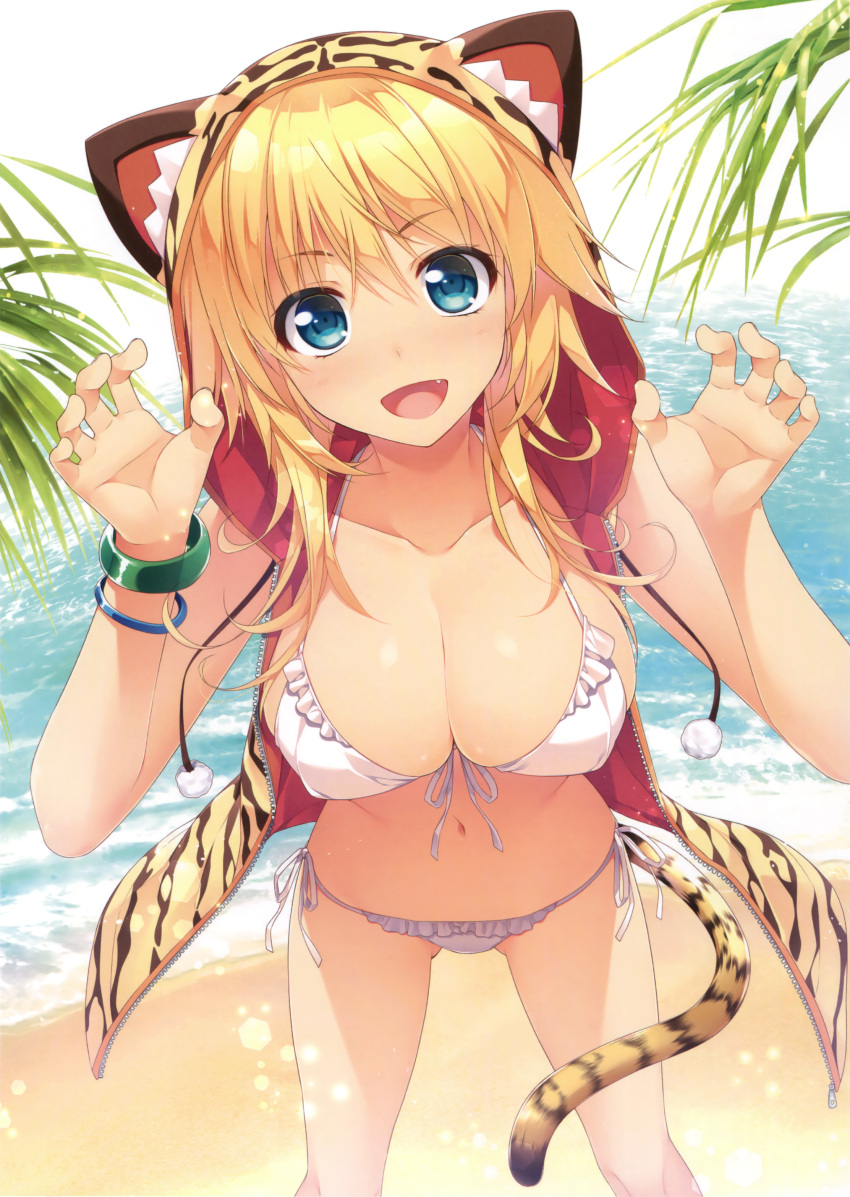 1girl :d absurdres alpha_(yukai_na_nakamatachi) animal_ears animal_hood ass_visible_through_thighs beach bikini blonde_hair blue_eyes bracelet breasts cleavage collarbone cropped fang foreshortening front-tie_bikini front-tie_top highres hood hoodie jewelry large_breasts looking_at_viewer navel open_clothes open_hoodie open_mouth outdoors paw_pose scan side-tie_bikini smile solo string_bikini swimsuit tail tiger_ears tiger_print tiger_tail white_bikini