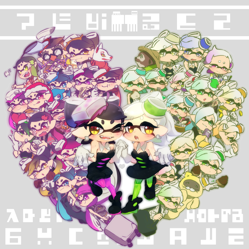 +_+ 2girls ankle_boots annotated aori_(splatoon) black_boots black_dress black_hair blush boots brown_eyes detached_collar domino_mask dress earrings fangs food food_on_head formal gloves green_legwear highres hotaru_(splatoon) jewelry long_hair looking_at_viewer mascot_costume mask mole mole_under_eye multiple_girls multiple_persona object_on_head one_eye_closed pantyhose pointy_ears purple_legwear short_dress short_hair short_jumpsuit smile splatoon strapless strapless_dress tentacle_hair ukata white_gloves
