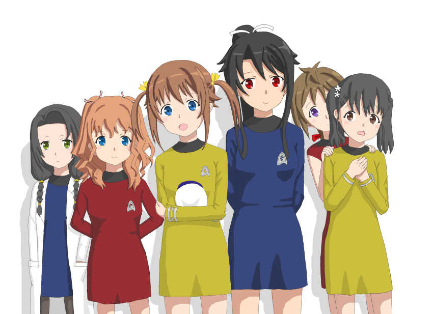 absurdres black_hair blue_eyes brown_hair crossover green_eyes hat high_school_fleet highres kaburagi_minami kevinliu labcoat long_hair military military_uniform misaki_akeno multiple_girls munetani_mashiro parody peaked_cap red_eyes shiretoko_rin short_hair star_trek uniform violet_eyes yagi_tsugumi yanagiwara_maron