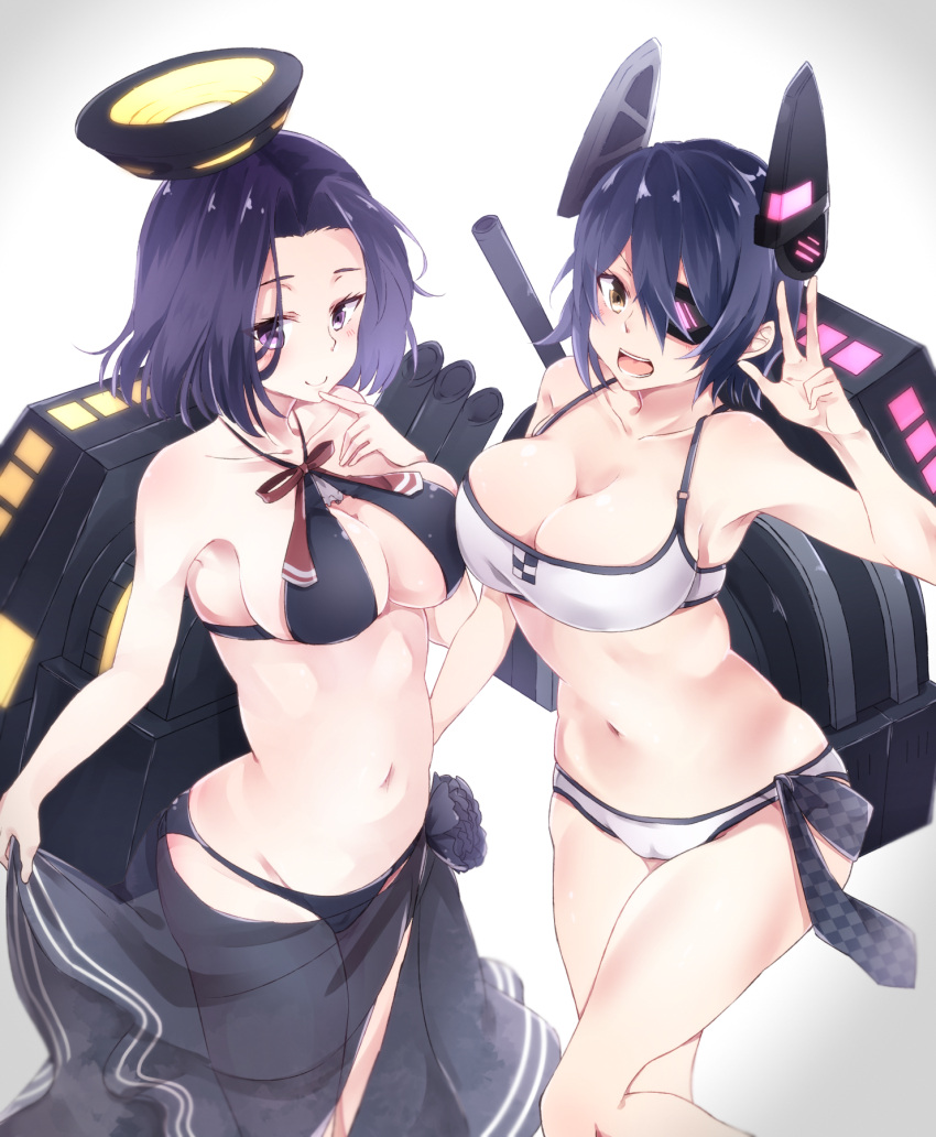 2girls alternate_costume armpits artist_request bare_shoulders bikini black_swimsuit breasts checkered checkered_necktie cleavage crop_top eyepatch eyes_visible_through_hair finger_to_mouth hair_between_eyes halterneck hand_on_another's_hip headgear highres kantai_collection large_breasts looking_at_viewer machinery mechanical_halo midriff multiple_girls navel necktie open_mouth purple_hair sarong see-through short_hair sideboob skindentation smile swimsuit tatsuta_(kantai_collection) tenryuu_(kantai_collection) v violet_eyes white_bikini