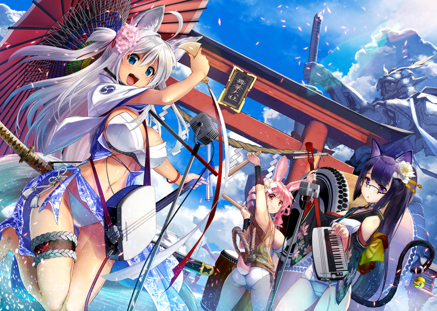 3girls :d :o animal_ears architecture arm_up armband ass band bangs barefoot bell bell_collar between_breasts bikini black_hair blue_eyes blue_sky blush bracelet breasts building bunny_girl bunny_tail cable carrying_over_shoulder cat_ears cat_girl cat_tail cherry_blossoms closed_mouth clouds collar detached_sleeves drill_hair drum drumsticks dutch_angle east_asian_architecture embers eyebrows eyebrows_visible_through_hair fishnet_pantyhose fishnets floral_print flower fox_ears fox_girl fox_tail glasses hair_between_eyes hair_flower hair_ornament instrument instrument_request japanese_clothes jewelry jingle_bell katana kimono kiryuu_takahisa large_breasts leg_up legs_apart lens_flare light_particles lily_(flower) long_hair long_sleeves looking_at_viewer medium_breasts microphone_stand multiple_girls navel obi ocean open_mouth oriental_umbrella original outdoors outstretched_arm over-rim_glasses pantyhose paw_print petals pink_hair playing_instrument ponytail purple_hair rabbit_ears red_eyes ribbon rope sailor_collar sarong sash semi-rimless_glasses shamisen sheath sheathed shide shimenawa short_kimono shrine side-tie_bikini sidelocks sky smile stairs standing statue stomach string swimsuit sword taiko_drum tail tassel thigh_gap thigh_strap torii twin_drills twintails two_side_up umbrella violet_eyes wading water waves weapon white_bikini white_flower white_hair white_legwear wide_sleeves