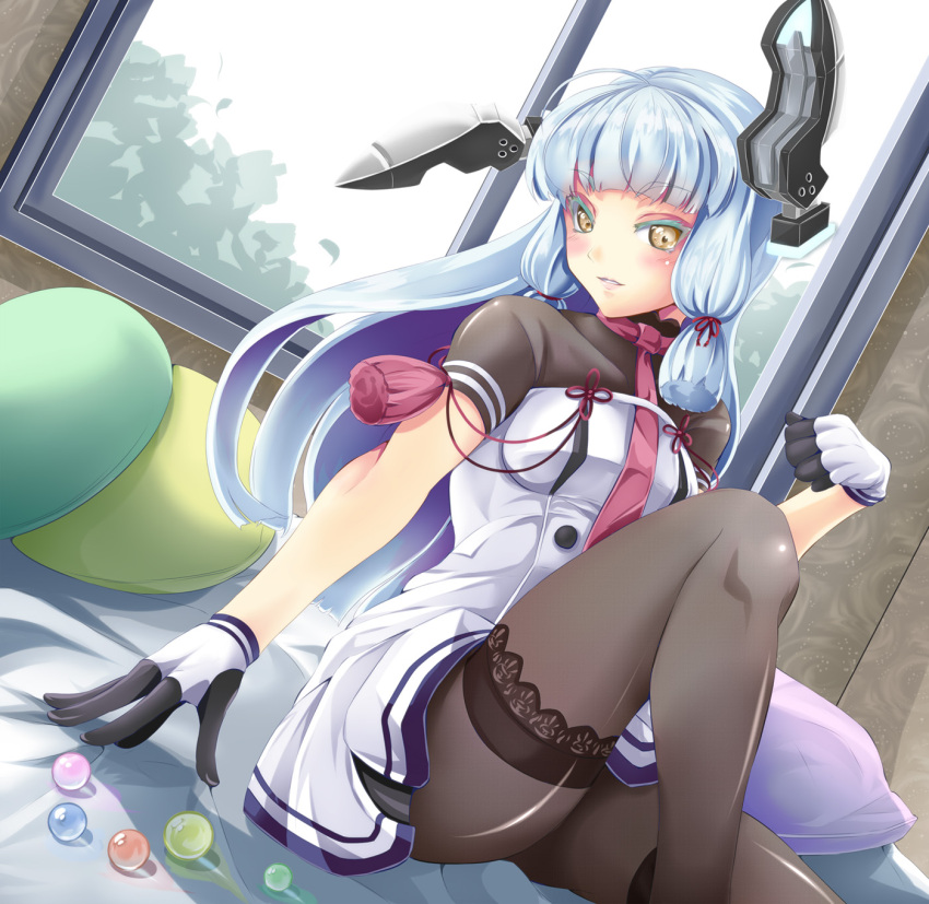 1girl arm_support bed bed_sheet black_legwear bodysuit colored_eyelashes dress dutch_angle gloves hair_ribbon headgear highres kantai_collection knee_up long_hair looking_at_viewer m_yumi_fuwawa murakumo_(kantai_collection) panties panties_under_pantyhose pantyhose parted_lips remodel_(kantai_collection) ribbon sailor_dress short_eyebrows short_sleeves sidelocks silver_hair sitting solo thighband_pantyhose thighs tress_ribbon underwear window yellow_eyes
