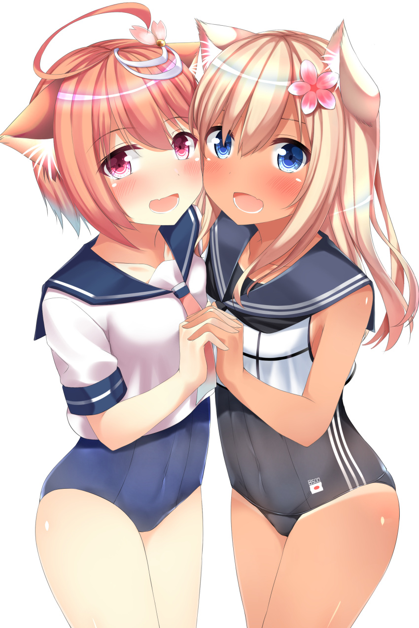 2girls absurdres ahoge animal_ears blonde_hair blush cat_ears cheek-to-cheek crop_top flower go-1 hair_flower hair_ornament highres holding_hands i-58_(kantai_collection) kantai_collection kemonomimi_mode long_hair looking_at_viewer multiple_girls open_mouth pink_eyes pink_hair ro-500_(kantai_collection) sailor_collar school_swimsuit short_hair simple_background smile swimsuit swimsuit_under_clothes tan tanline