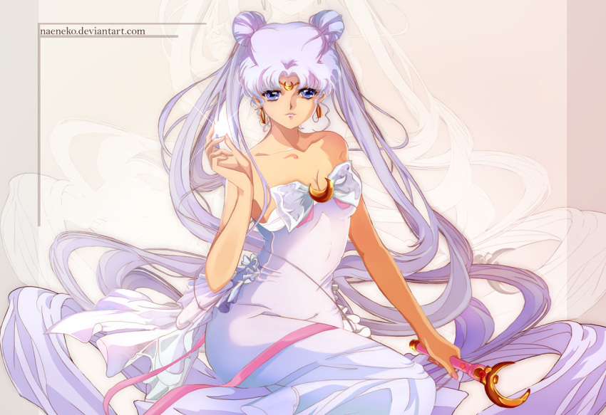 1girl anett_csorba bare_shoulders bishoujo_senshi_sailor_moon bow collarbone crescent double_bun dress earrings expressionless facial_mark forehead_jewel forehead_mark jewelry lavender_dress lavender_eyes lavender_hair long_hair maboroshi_no_ginzuishou moon_stick pink_ribbon queen_serenity ribbon sitting solo strapless strapless_dress very_long_hair wand watermark web_address white_bow white_dress zoom_layer