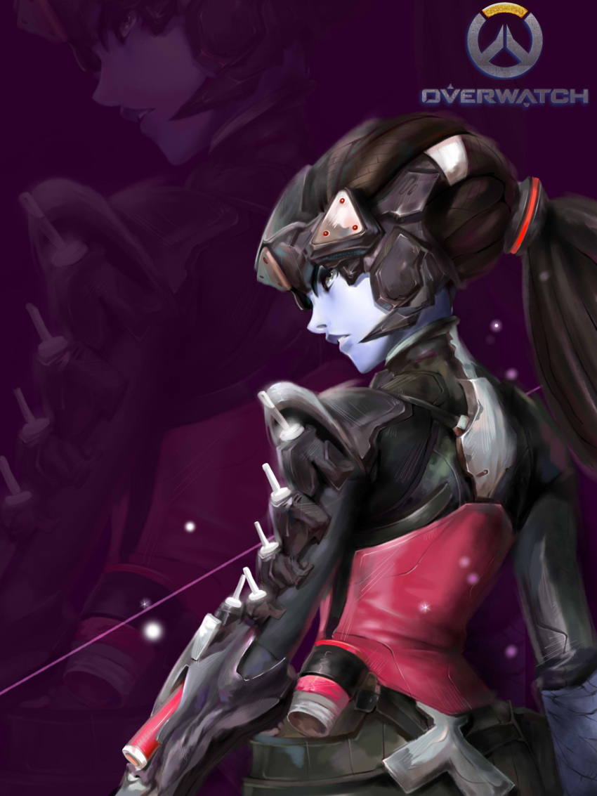 1girl absurdres alternate_costume alternate_hairstyle bodysuit copyright_name cowboy_shot emblem from_behind gauntlets hair_ornament hairlocs head_mounted_display highres lips logo long_hair noire_widowmaker overwatch parted_lips pauldrons ponytail purple_lips purple_skin ribbed_bodysuit solo string turtleneck widowmaker_(overwatch) windowsill yellow_eyes