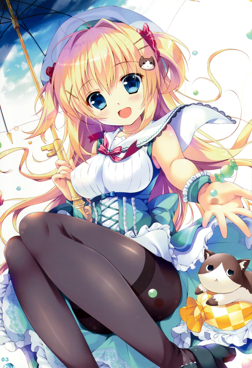1girl :&lt; :d absurdres beret black_legwear black_shoes blonde_hair blue_eyes blush breasts candy cat cat_hair_ornament eyebrows eyebrows_visible_through_hair female hair_ornament hairclip hat head_tilt high-waist_skirt high_heels highres holding holding_umbrella knees_together_feet_apart looking_at_viewer mikeou open_mouth original pantyhose sailor_collar scan see-through shirt shoes silhouette sleeveless sleeveless_shirt smile thighband_pantyhose two_side_up umbrella underbust white_background white_hat wrapped_candy x_hair_ornament