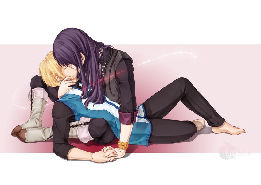 2016 2boys artist_name barefoot blonde_hair boots bracelet closed_eyes faceless faceless_male flynn_scifo hand_on_another's_face holding_hands jewelry keyhala kiss knee_boots knee_up long_hair lying lying_on_lap male_focus multiple_boys purple_hair sitting tales_of_(series) tales_of_vesperia watermark yaoi yuri_lowell