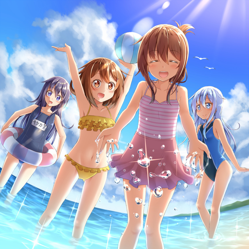 4girls akatsuki_(kantai_collection) ball beachball bikini black_hair blue_eyes brown_eyes brown_hair casual_one-piece_swimsuit closed_eyes competition_swimsuit fisheye folded_ponytail frilled_bikini frills gurande_(g-size) hibiki_(kantai_collection) highres ikazuchi_(kantai_collection) inazuma_(kantai_collection) innertube kantai_collection light_rays long_hair multiple_girls name_tag one-piece_swimsuit school_swimsuit short_hair silver_hair standing sunbeam sunlight swimsuit water