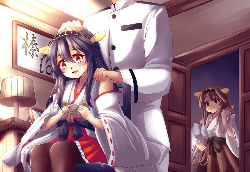 1boy 2girls admiral_(kantai_collection) ahoge bangs blush brown_eyes brown_hair commentary_request detached_sleeves empty_eyes fingers_together hair_between_eyes hairband hakama hand_on_another's_head hand_on_another's_shoulder haruna_(kantai_collection) headgear highres japanese_clothes kantai_collection kongou_(kantai_collection) lamp long_hair military military_uniform multiple_girls nervous nontraditional_miko office open_door open_mouth red_hakama rope sidelocks sitting standing suzune_kou thigh-highs translated uniform wide_sleeves yandere