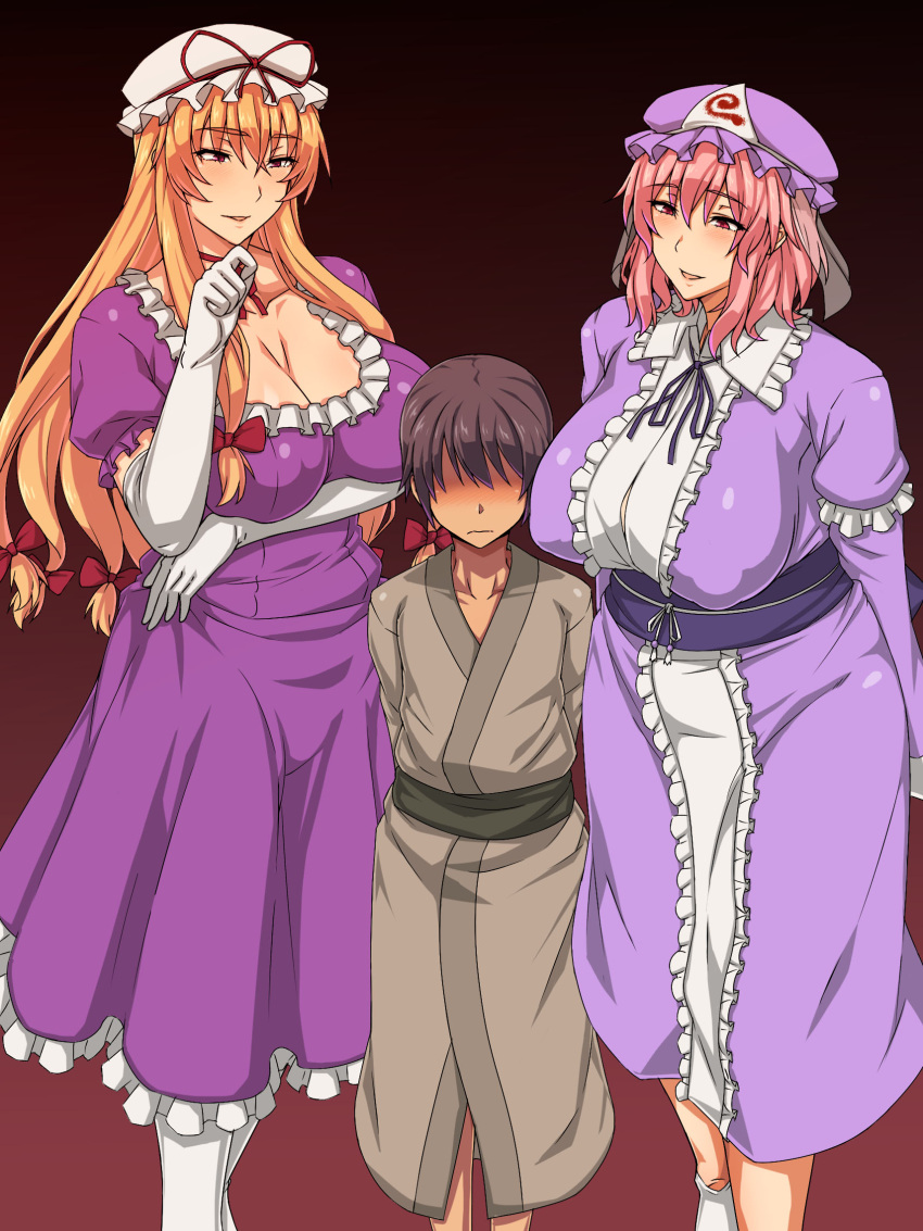 1_(kawaseha) 1boy 2girls :d age_difference arms_behind_back bangs black_hair black_ribbon blonde_hair blush body_blush bow breast_hold breasts choker cleavage clenched_hand closed_mouth collarbone dress elbow_gloves embarrassed eyebrows eyebrows_visible_through_hair faceless faceless_male frilled_hat frills frown gloves gradient gradient_background hair_between_eyes hair_bow hand_on_hip hand_up hat hat_ribbon hidden_eyes highres japanese_clothes kimono large_breasts legs_together long_hair looking_at_another looking_down mob_cap multiple_girls navel neck_ribbon nose_blush obi open_mouth parted_lips pink_eyes pink_hair plump puffy_short_sleeves puffy_sleeves purple_dress purple_hat red_bow red_ribbon ribbon ribbon_choker saigyouji_yuyuko sash shiny shiny_skin short_hair short_sleeves shota sidelocks smile standing straight_shota teasing thighs touhou triangular_headpiece very_long_hair white_gloves white_hat yakumo_yukari