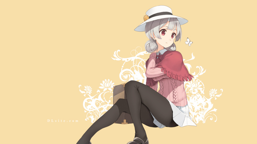 1girl black_legwear bow bowtie butterfly capelet collared_shirt copyright_name dlsite.com double_bun flower grey_hair hat hat_ornament highres official_art pantyhose pink_sweater pleated_skirt red_eyes shirt sitting skirt solo sunlight sweater wallpaper white_hat white_skirt xi_lily yellow_background