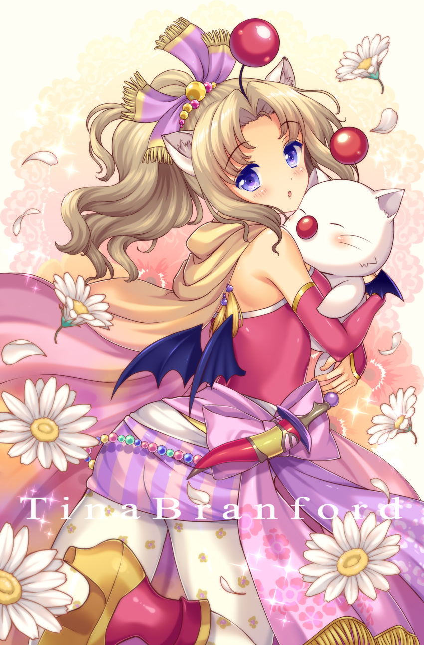 1girl absurdres animal_ears blonde_hair blue_eyes cape character_name dagger elbow_gloves final_fantasy final_fantasy_vi fingerless_gloves flower gloves highres looking_at_viewer lyric_(hina9111) moogle open_mouth pantyhose sash tina_branford weapon whiskers wings