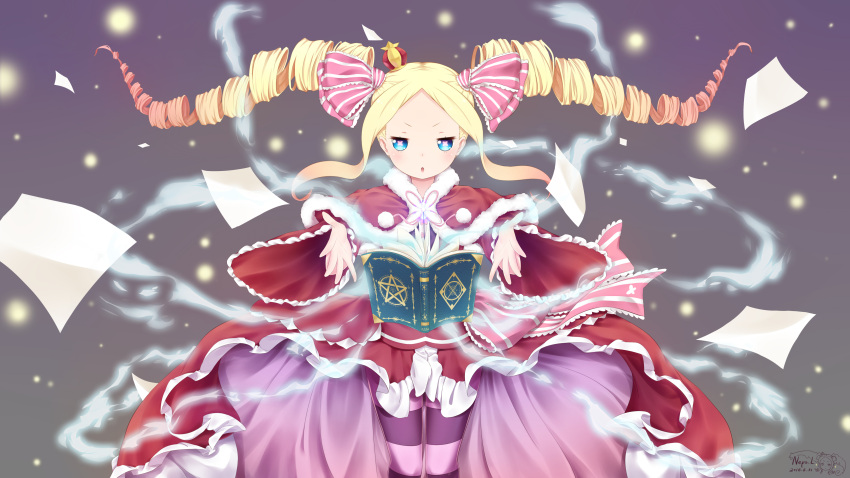 1girl absurdres artist_name beatrice_(re:zero) blonde_hair blue_eyes book capelet cowboy_shot crown dated dress drill_hair floating_book floating_object frilled_dress frills fur_trim hair_ribbon highres light_particles long_hair long_sleeves looking_at_viewer magic mini_crown multicolored_hair neps-l open_mouth outstretched_arms outstretched_hand pantyhose paper pink_hair re:zero_kara_hajimeru_isekai_seikatsu ribbon solo striped striped_legwear symbol-shaped_pupils twin_drills two-tone_hair wide_sleeves wind
