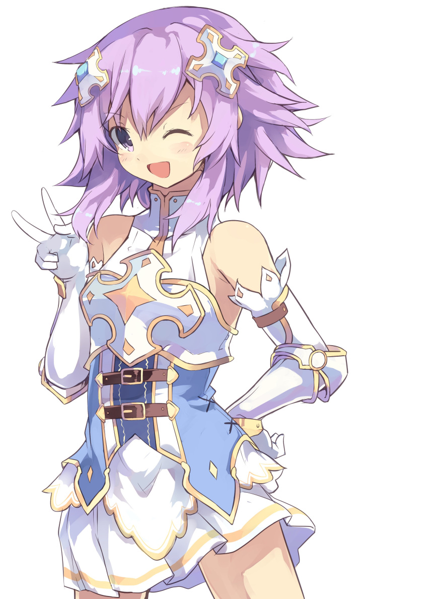 1girl absurdres armor bare_shoulders blush hair_ornament highres knight looking_at_viewer neptune_(choujigen_game_neptune) neptune_(series) nomalandnomal one_eye_closed open_mouth purple_hair short_hair smile solo v violet_eyes