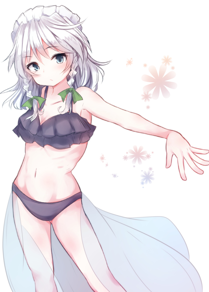 1girl :/ absurdres alternate_costume armpits bare_shoulders beni_shake bikini black_bikini blue_eyes blush bow braid breasts cleavage commentary_request cowboy_shot floral_background frilled_bikini frills green_bow hair_bow highres izayoi_sakuya looking_at_viewer maid_headdress navel outstretched_arm ribs sarong silver_hair skinny solo swimsuit touhou twin_braids