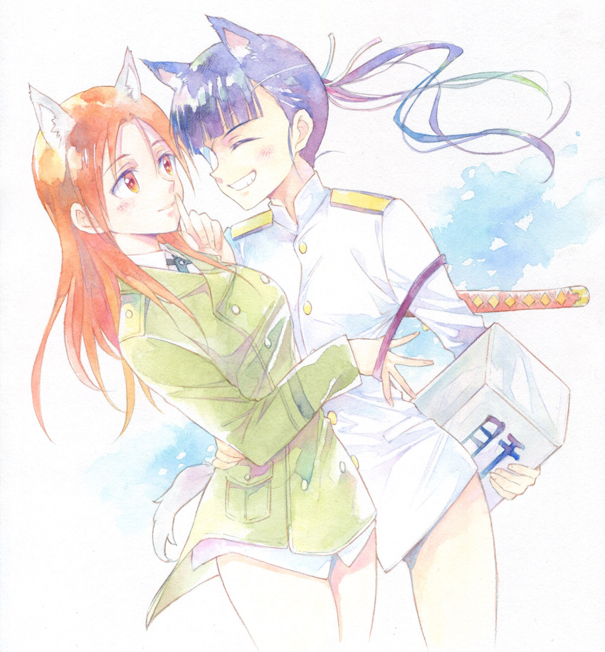 2girls agahari animal_ears black_hair closed_eyes dog_ears dog_tail eyepatch finger_to_mouth grin hair_ribbon highres hug long_hair military military_uniform minna-dietlinde_wilcke multiple_girls ponytail red_eyes redhead ribbon sakamoto_mio smile strike_witches sword tail traditional_media uniform weapon