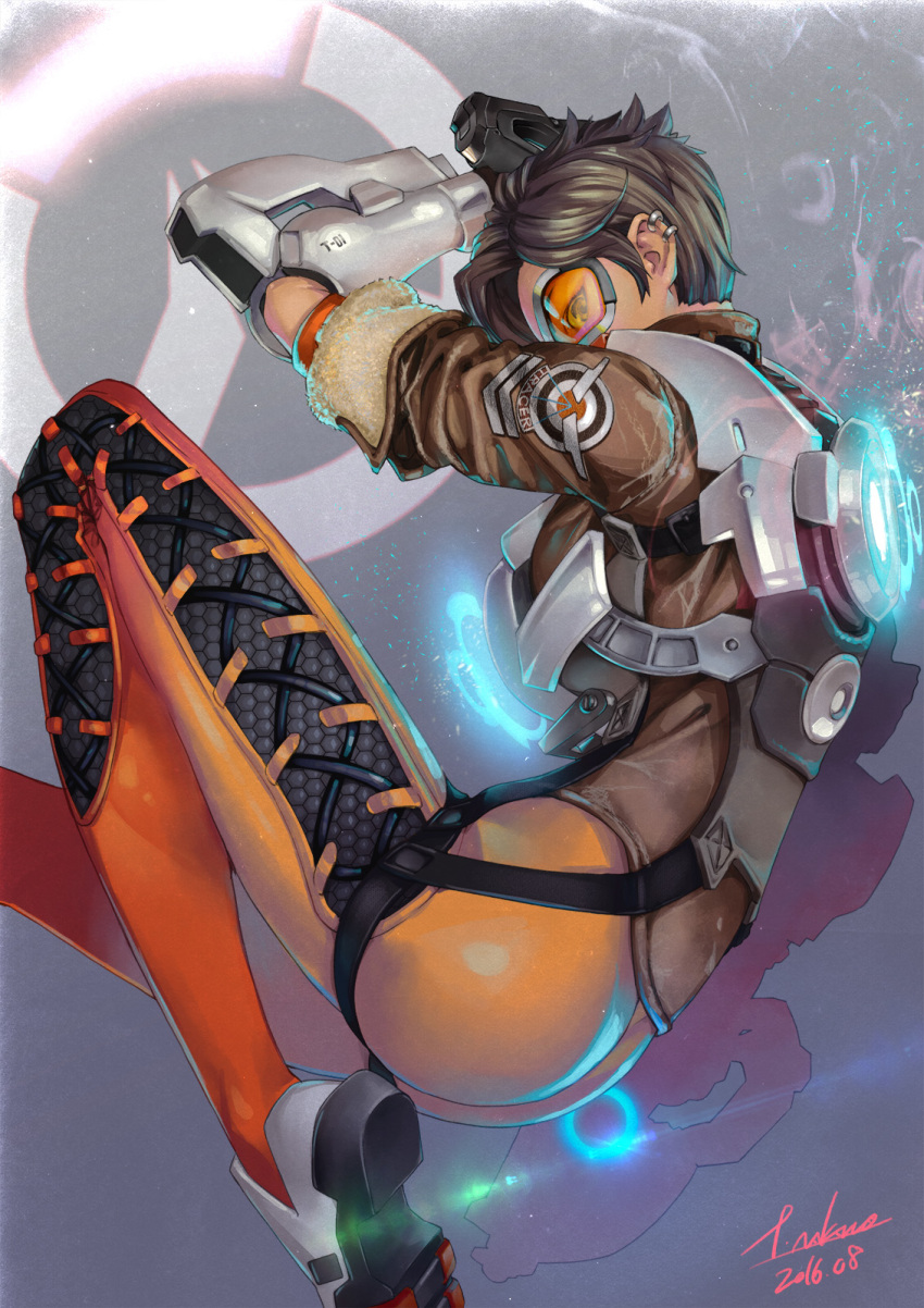 1girl 2016 arm_up artist_name ass bangs belt bodysuit bomber_jacket breasts brown_eyes brown_hair character_name clothes_writing covered_mouth cross-laced_clothes dated from_side gloves glowing goggles grey_background gun hexagon highres holding holding_gun holding_weapon jacket lens_flare light_particles logo looking_at_viewer medium_breasts nakano_tomokazu overwatch profile shoes short_hair signature solo tracer_(overwatch) weapon