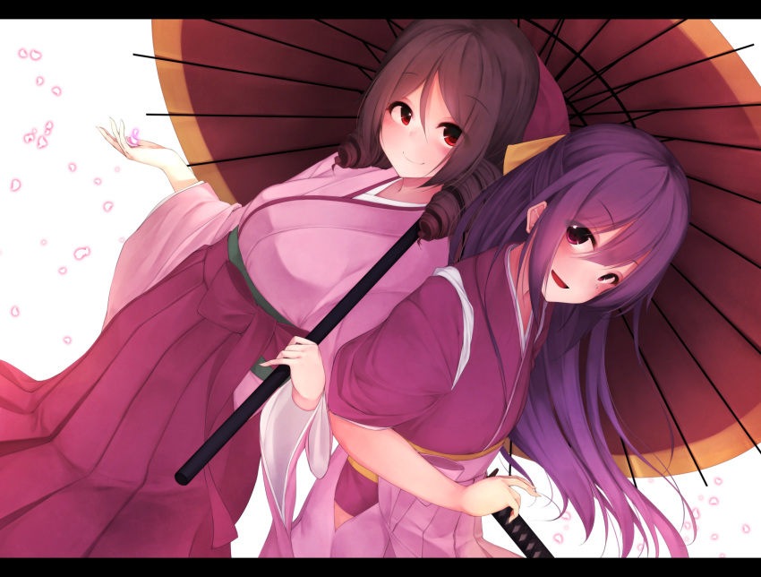 2girls :d blush breasts brown_hair closed_mouth drill_hair dutch_angle hair_between_eyes hair_ribbon hakama harukaze_(kantai_collection) highres hip_vent holding holding_umbrella japanese_clothes kamikaze_(kantai_collection) kantai_collection katana kimono large_breasts letterboxed long_hair long_sleeves looking_at_viewer meiji_schoolgirl_uniform multiple_girls open_mouth over_shoulder parasol petals pink_hakama purple_hair red_eyes red_hakama red_umbrella rerrere ribbon sheath sheathed short_hair short_sleeves simple_background smile standing sword twin_drills umbrella very_long_hair weapon white_background wide_sleeves yellow_ribbon