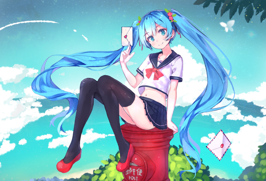 1girl aqua_eyes blue_hair crop_top envelope flower hair_flower hair_ornament hatsune_miku long_hair looking_at_viewer microskirt midriff navel postbox red_shoes revision school_uniform shoes sitting skirt solo thigh-highs twintails very_long_hair vocaloid z_shichao