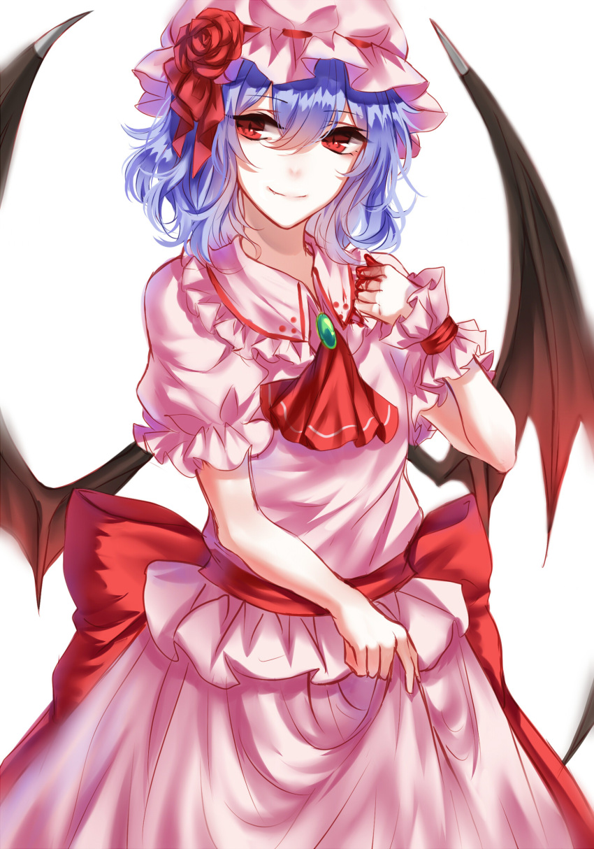 1girl absurdres ascot bat_wings blood bloody_hands blue_hair brooch cowboy_shot frilled_shirt_collar frilled_sleeves frills hat hat_ribbon highres jewelry lifted_by_self looking_at_viewer mob_cap pink_shirt pink_skirt puffy_short_sleeves puffy_sleeves red_eyes red_ribbon remilia_scarlet ribbon sash sheya shirt short_hair short_sleeves skirt skirt_lift skirt_set smile solo touhou white_background wings wrist_cuffs