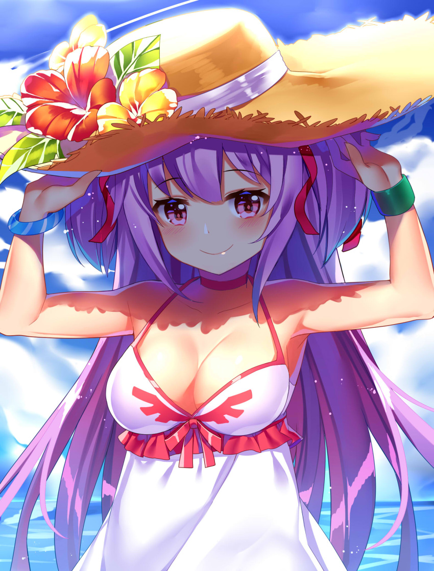 1girl alternate_hair_color bangs bare_shoulders bracelet breasts casual choker cleavage closed_mouth clouds collarbone dress eyebrows eyebrows_visible_through_hair flower frills gendo0033 goddess_madoka hair_between_eyes hair_ribbon halterneck hand_on_headwear hands_up hat hat_flower hat_ribbon highres jewelry light_particles long_hair mahou_shoujo_madoka_magica medium_breasts ocean outdoors pink_eyes purple_hair ribbon shade sky sleeveless sleeveless_dress smile solo straw_hat summer sun_hat sundress two_side_up upper_body very_long_hair white_dress