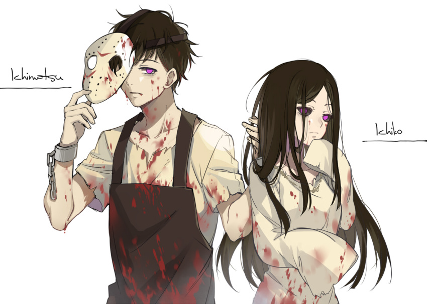 1boy 1girl apron bags_under_eyes bangs black_hair black_sclera blood blood_on_arm blood_on_face bloody_clothes breasts chain character_name collarbone cuffs dripping ekira_nieto hockey_mask holding_another's_hair holding_mask ichiko_(osomatsu-san) long_hair long_sleeves looking_at_viewer mask matsuno_ichimatsu nightgown no_pupils one_eye_covered osomatsu-kun osomatsu-san shackles shirt short_sleeves simple_background sleeves_past_wrists small_breasts torn_clothes torn_shirt upper_body very_long_hair violet_eyes white_background wide_sleeves