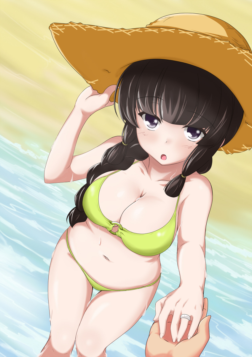 1girl beach black_hair braid breasts cleavage hat highres holding holding_hands holding_hat jewelry kantai_collection kiri_(foxsnake) kitakami_(kantai_collection) large_breasts lavender_eyes navel o-ring_top pov ring sidelocks straw_hat sweat swimsuit tagme wedding_band