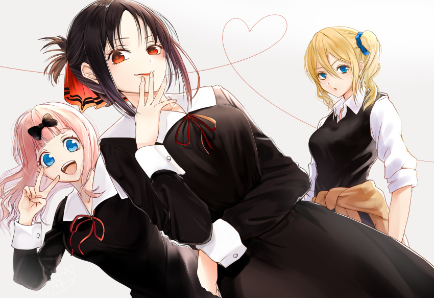 1girl 3girls bangs black_bow black_dress black_hair blonde_hair blue_eyes blunt_bangs bow clothes_around_waist collarbone cowboy_shot dress finger_to_mouth fingernails folded_ponytail from_below fujiwara_chika grey_background hair_bow hand_to_lip hayasaka_ai heart heart_of_string highres kaguya-sama_wa_kokurasetai_~tensai-tachi_no_renai_zunousen~ lips long_hair looking_at_viewer multiple_girls open_collar open_mouth parted_lips pink_hair red_bow red_ribbon ribbon school_uniform scrunchie shinomiya_kaguya shinomy shirt shuuchiin_academy_uniform side_ponytail sidelocks sleeveless sleeveless_dress sleeves_folded_up smirk solo string string_of_fate sweater_around_waist v white_shirt