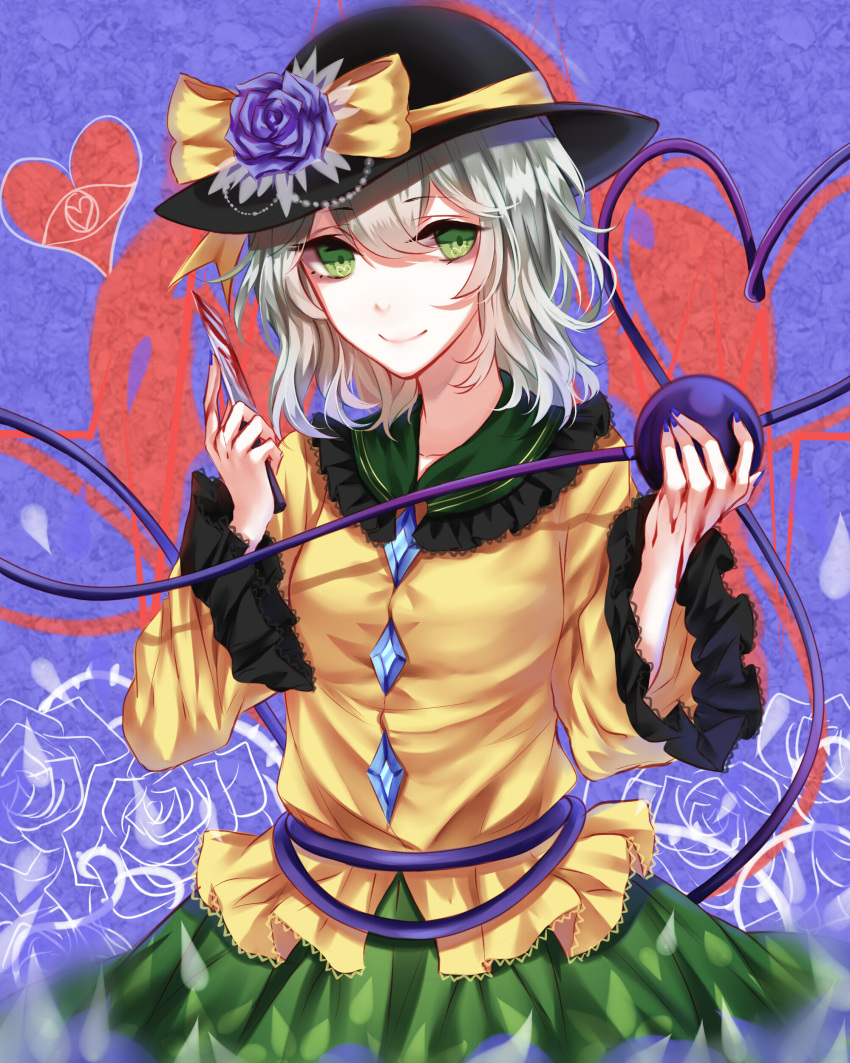 1girl absurdres black_hat blood bloody_hands bloody_knife blue_background blue_nails blue_rose bow cowboy_shot empty_eyes eyeball floral_print flower frilled_shirt_collar frilled_sleeves frills green_eyes green_skirt hat hat_bow hat_flower heart heart_of_string highres holding holding_knife knife komeiji_koishi long_sleeves looking_at_viewer nail_polish rose sheya shirt short_hair silver_hair skirt smile solo third_eye touhou wide_sleeves yellow_bow yellow_shirt