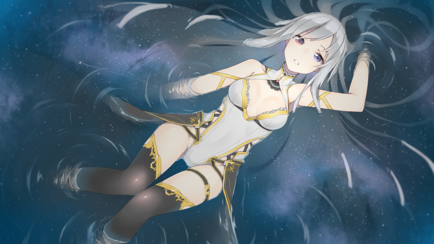 1girl black_legwear breasts breasts_apart fhang floating grey_hair groin heterochromia highres long_hair looking_at_viewer lying on_back original parted_lips red_eyes reflection ripples shooting_star sky solo star_(sky) starry_sky thigh-highs very_long_hair violet_eyes