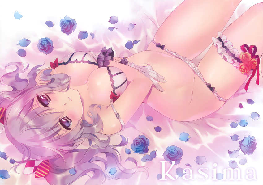 1girl absurdres blue_eyes blush bra breast_hold breasts carnelian cleavage flower gloves highres huge_filesize kantai_collection kashima_(kantai_collection) leg_garter looking_at_viewer lying on_back panties panty_pull parted_lips petals scan silver_hair solo strap_slip twintails underwear underwear_only white_bra white_gloves white_panties