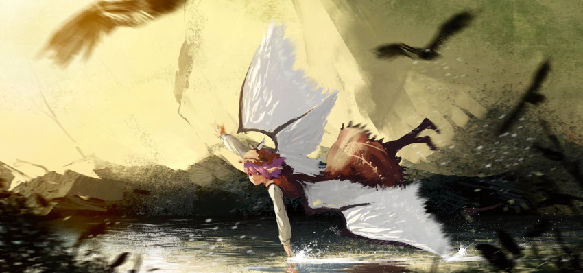 1girl bird bird_wings black_legwear blurry brown_dress bush depth_of_field dress flying hat highres kaatoso large_wings long_sleeves looking_at_viewer mystia_lorelei outstretched_arms pointy_ears purple_hair red_eyes reflection shirt sleeveless sleeveless_dress smile solo sunlight touhou water water_drop white_shirt white_wings wings