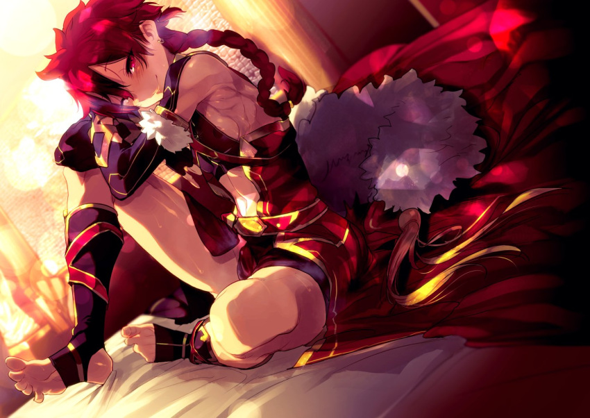 1boy alexander_(fate/grand_order) bed_sheet blush braid cape earrings fate/grand_order fate_(series) jewelry male_focus muscle nipples red_eyes redhead sitting smile solo ze_(sawakihein)
