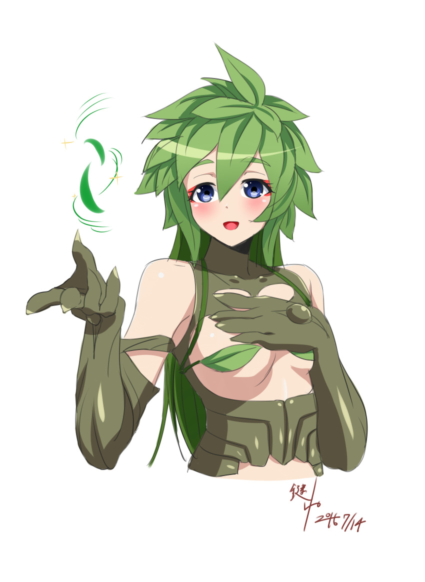 1girl 2016 absurdres ahoge blue_eyes blush breasts covering_nipples dated dryad green_hair hand_on_own_chest highres kagiyama_(gen'ei_no_hasha) kii_(monster_musume) leaf long_hair monster_girl monster_musume_no_iru_nichijou nude open_mouth plant_girl plant_hair signature simple_background small_breasts solo white_background