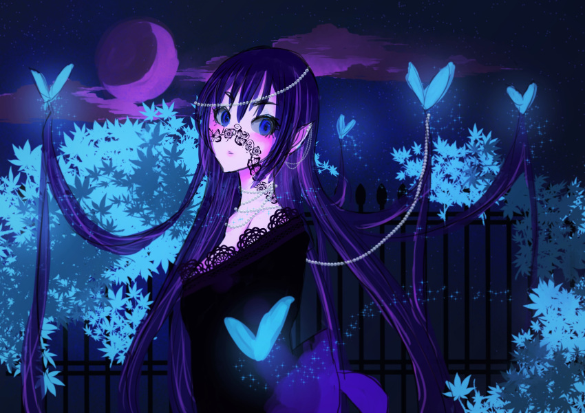 1girl absurdres blue_eyes blush butterfly earrings fanom fence frills glowing highres holding holding_hair jewelry leaf long_hair magic moon necklace night original pointy_ears purple_hair purple_moon sketch sparkle star star_(sky)