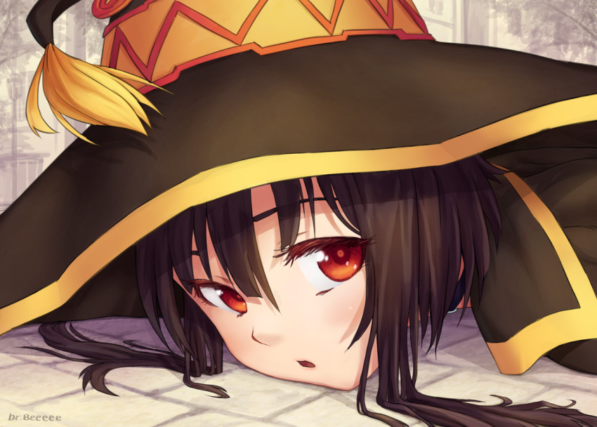 1girl :o artist_name bangs black_hair close-up colored_eyelashes dr.beeeee eyelashes face hair_between_eyes hat kono_subarashii_sekai_ni_shukufuku_wo! looking_at_viewer megumin on_ground parted_lips pavement red_eyes revision short_hair solo tassel witch_hat