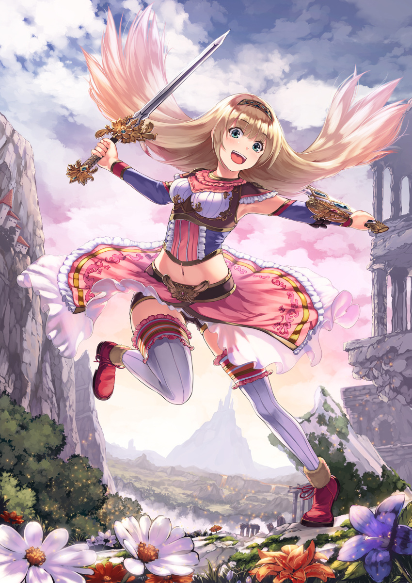 1girl :d arm_warmers blonde_hair building clouds dual_wielding flower frilled_skirt frills green_eyes hairband highres holding holding_sword holding_weapon looking_at_viewer midriff moss mountain navel open_mouth original outdoors pink_shoes pink_skirt ruins shoes skirt smile solo standing standing_on_one_leg sword takanori_yamada thigh-highs weapon white_legwear